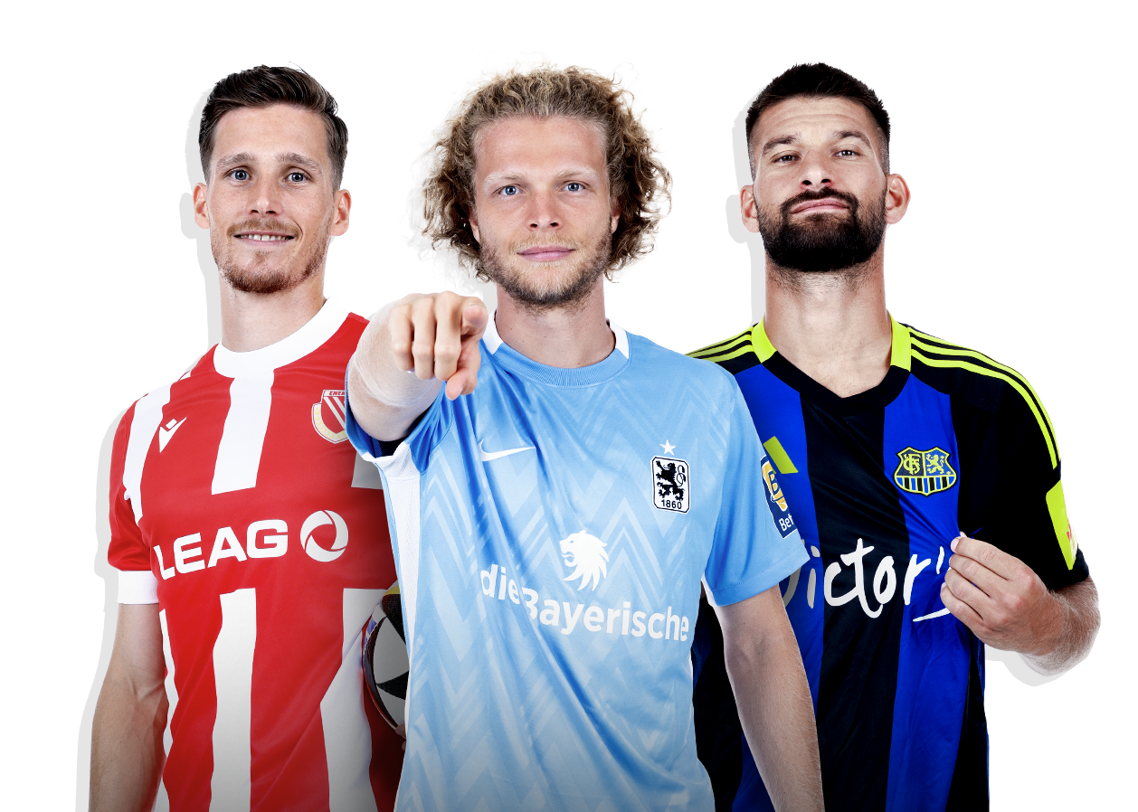 Werbemotiv mit drei Spieler der 3. Liga.